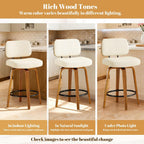 Counter Height Bar Stools Set of 3, 26+inch Swivel Faux Leather Barstool with Back, Upholstered Mid-Century Modern Bar Chairs with Bent Wood Legs for Kitchen Counter, Dining Room, Cream White