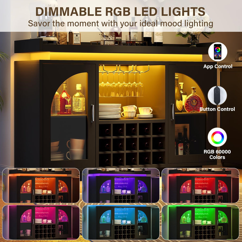 Wine Bar Cabinet with Power Outlet & LED Light, 54'' Liquor Cabinet with 15 Wine Rack & Glass Holder, Coffee Bar Cabinet for Home with Storage, 2 Arched Door, Buffet Sideboard for Living Room, Kitchen