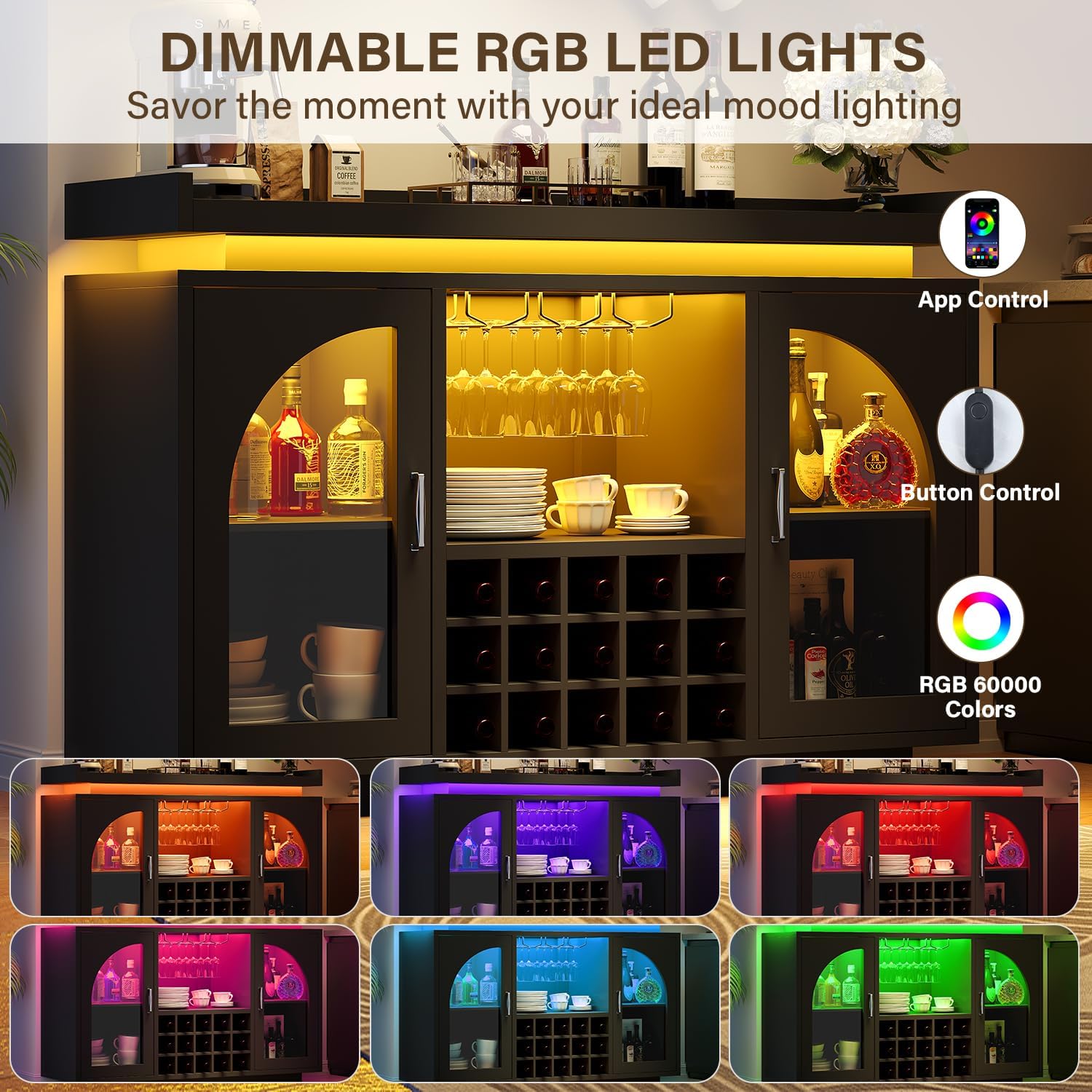 Wine Bar Cabinet with Power Outlet & LED Light, 54'' Liquor Cabinet with 15 Wine Rack & Glass Holder, Coffee Bar Cabinet for Home with Storage, 2 Arched Door, Buffet Sideboard for Living Room, Kitchen