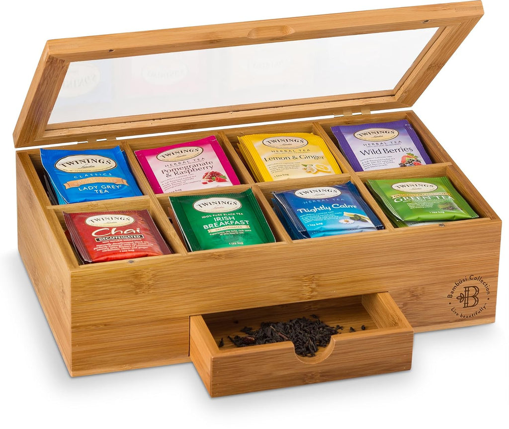 Bamboo Tea Bag Organizer Box - 8 Compartment Tea Storage Box with Acrylic Lid, Magnetic Closure and Drawer, Tea Bag Holder for Kitchen Counter, Tea Organizer, Tea Box, Gift for Mom Wife Tea Lovers