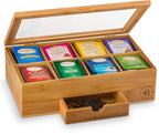 Bamboo Tea Bag Organizer Box - 8 Compartment Tea Storage Box with Acrylic Lid, Magnetic Closure and Drawer, Tea Bag Holder for Kitchen Counter, Tea Organizer, Tea Box, Gift for Mom Wife Tea Lovers