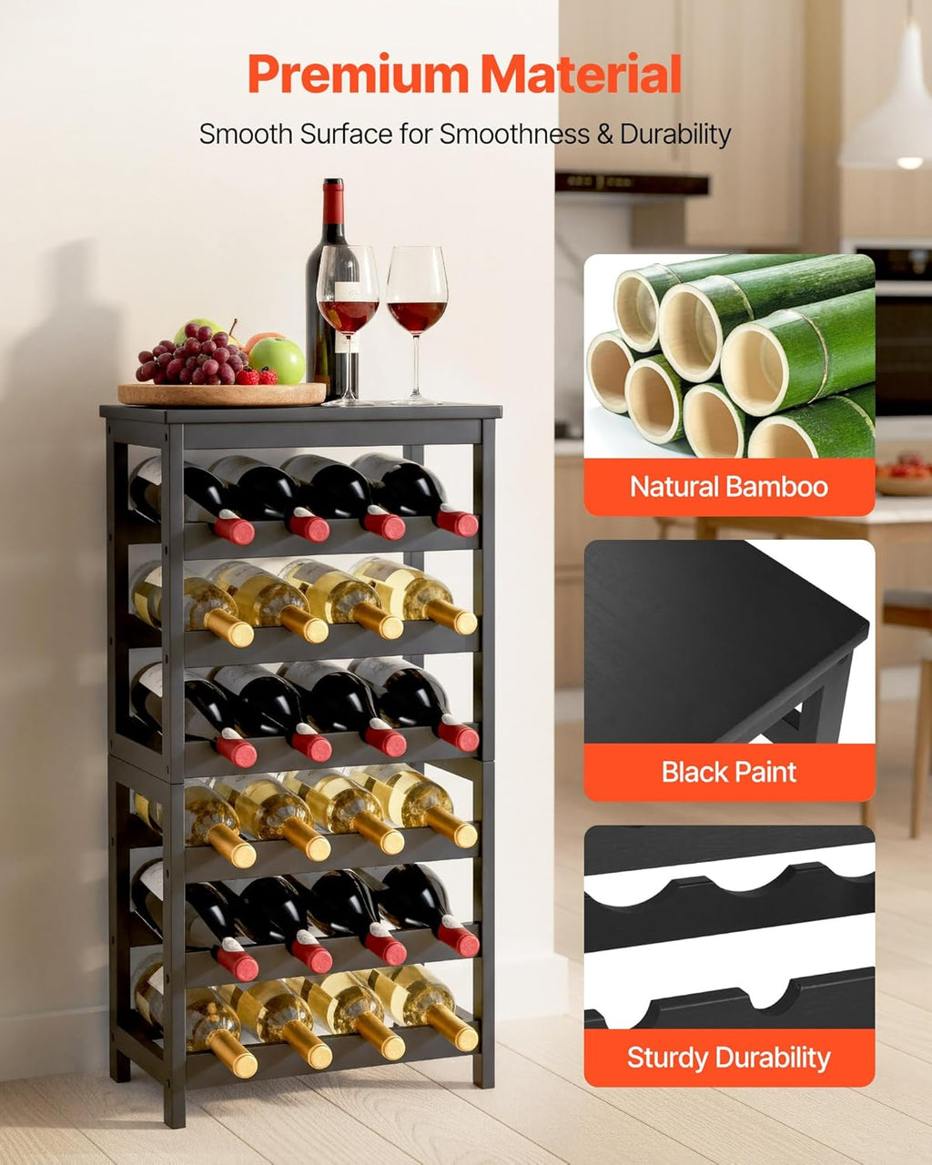 VEVOR 24 Bottle Detachable Wine Rack, 6-Tier Wine Bottle Holder,Solid Bamboo Wood Freestanding Floor Display Wine Storage Shelves with Table Top, for Kitchen,Cellar,Bar,Dining Room,Living Room(Black)