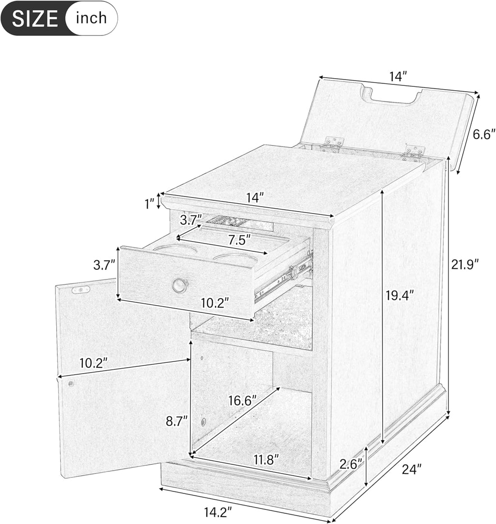 Knocbel Accent Narrow End Table with Hidden USB Ports, Pull-Out Tray, Storage Cabinet and Drawer, Living Room Sofa Couch Side Table Bedroom Bedside Table Nightstand (Retro Espresso)