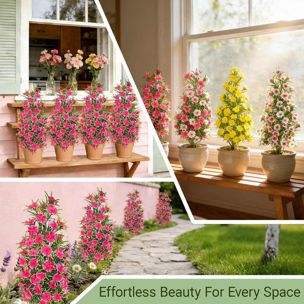 4 Pack Artificial Topiary Trees with Ground Spike for Outdoor, 19" Faux UV Resistant Shrubs with Flowers, Realistic Artificial Fake Bushes Plants for Home Garden Yard Porch Patio Decor (Rose Red)