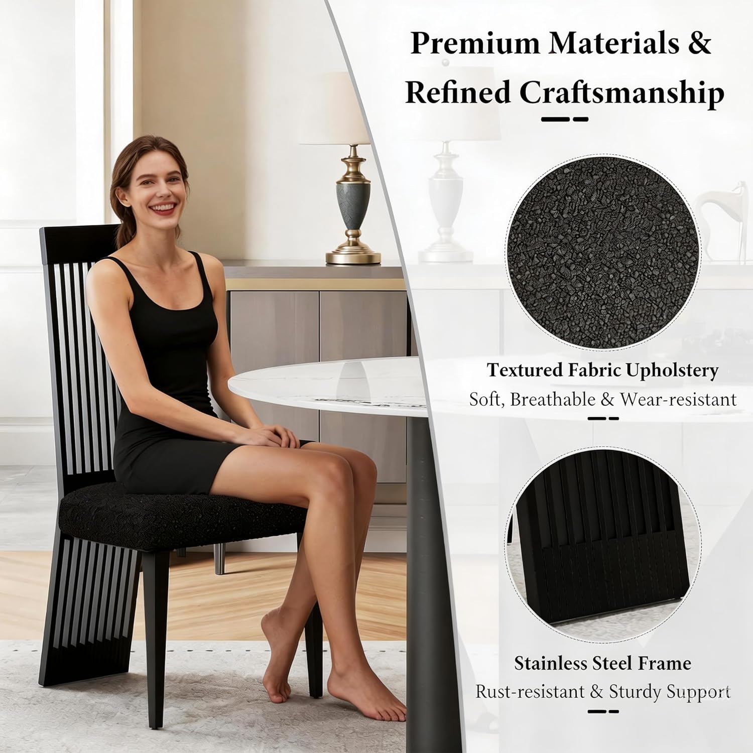 Black Dining Chair Set of 2, Modern Boucle High Back Upholstered Kitchen Chairs with Black Metal Legs for Dining Room Kitchen Living Room