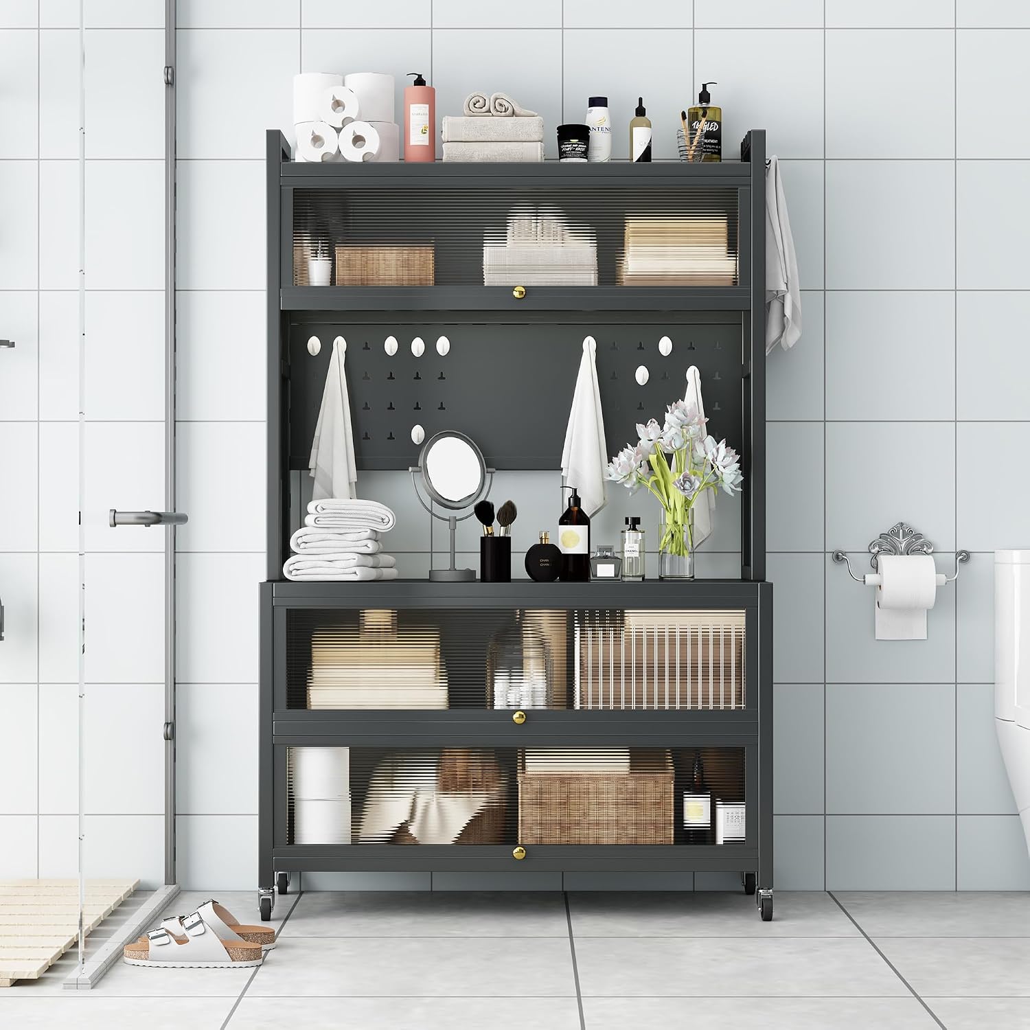 JOYBASE Kitchen Pantry Storage Cabinet with Doors and Wheels, 65" Tall Freestanding Buffet Pantry Cabinet with Microwave Stand Pantry with Storage (Dark Gray, Steel)