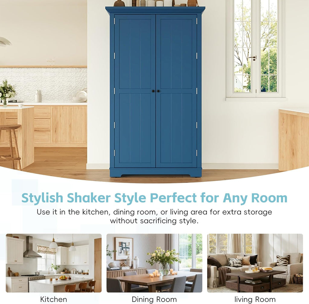 Merax 72" Tall Shaker Style Kitchen Pantry with 3 Drawers, Adjustable Shelves, Wood Cupboard Dining Storage Cabinet with Door Shelves and Pull-Out Trays for Living Room, Kitchen, Dining Room Blue