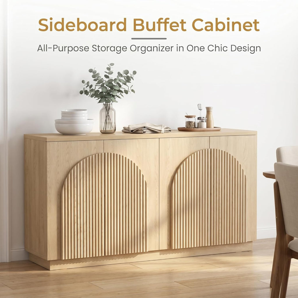 Yechen 55 Inch Fluted Sideboard Buffet Cabinet with Arched Reeded Doors, Modern Mid Century Credenza Accent Storage Cabinet with Adjustable Shelves for Living Room & Dining Room, Natural Oak Finish