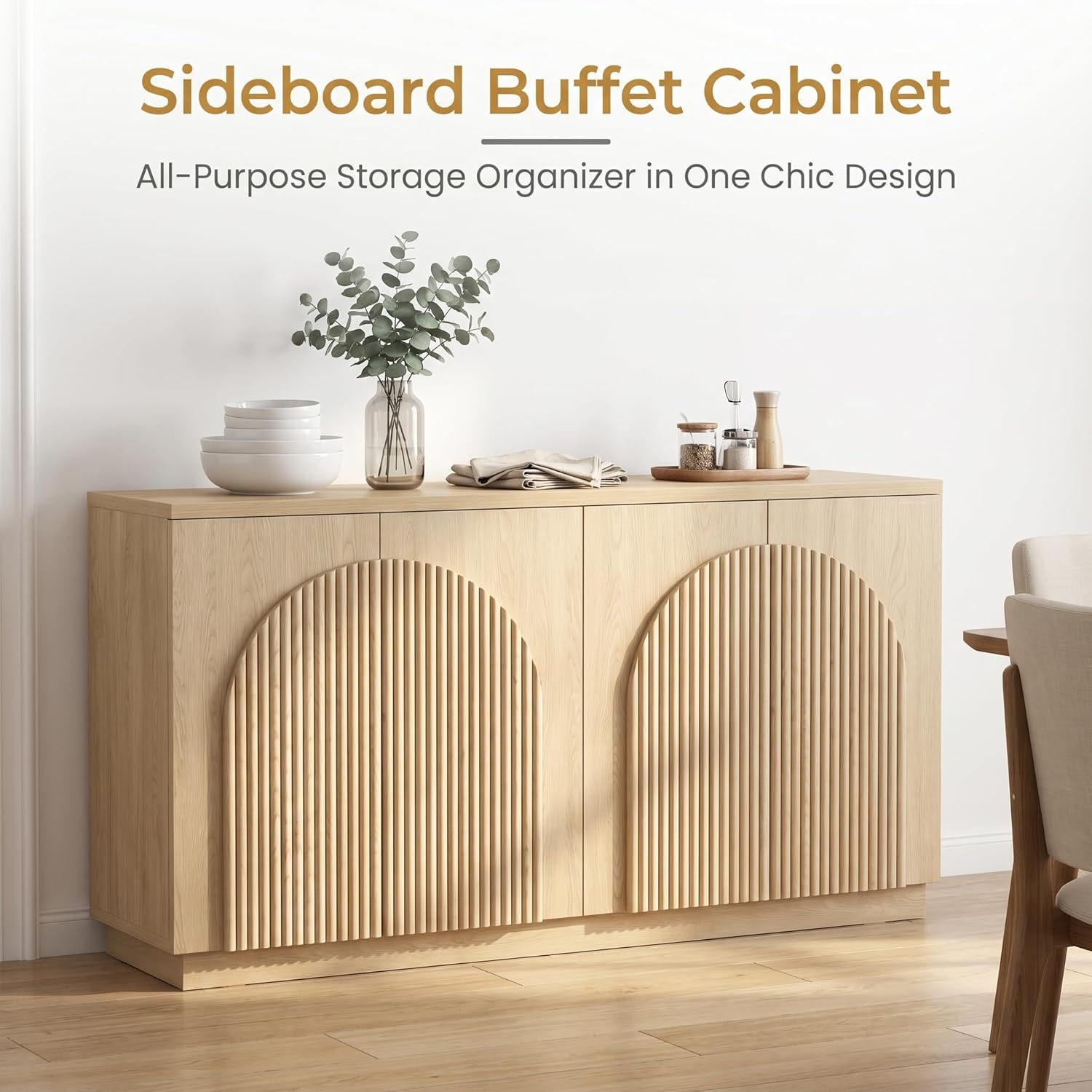 Yechen 55 Inch Fluted Sideboard Buffet Cabinet with Arched Reeded Doors, Modern Mid Century Credenza Accent Storage Cabinet with Adjustable Shelves for Living Room & Dining Room, Natural Oak Finish