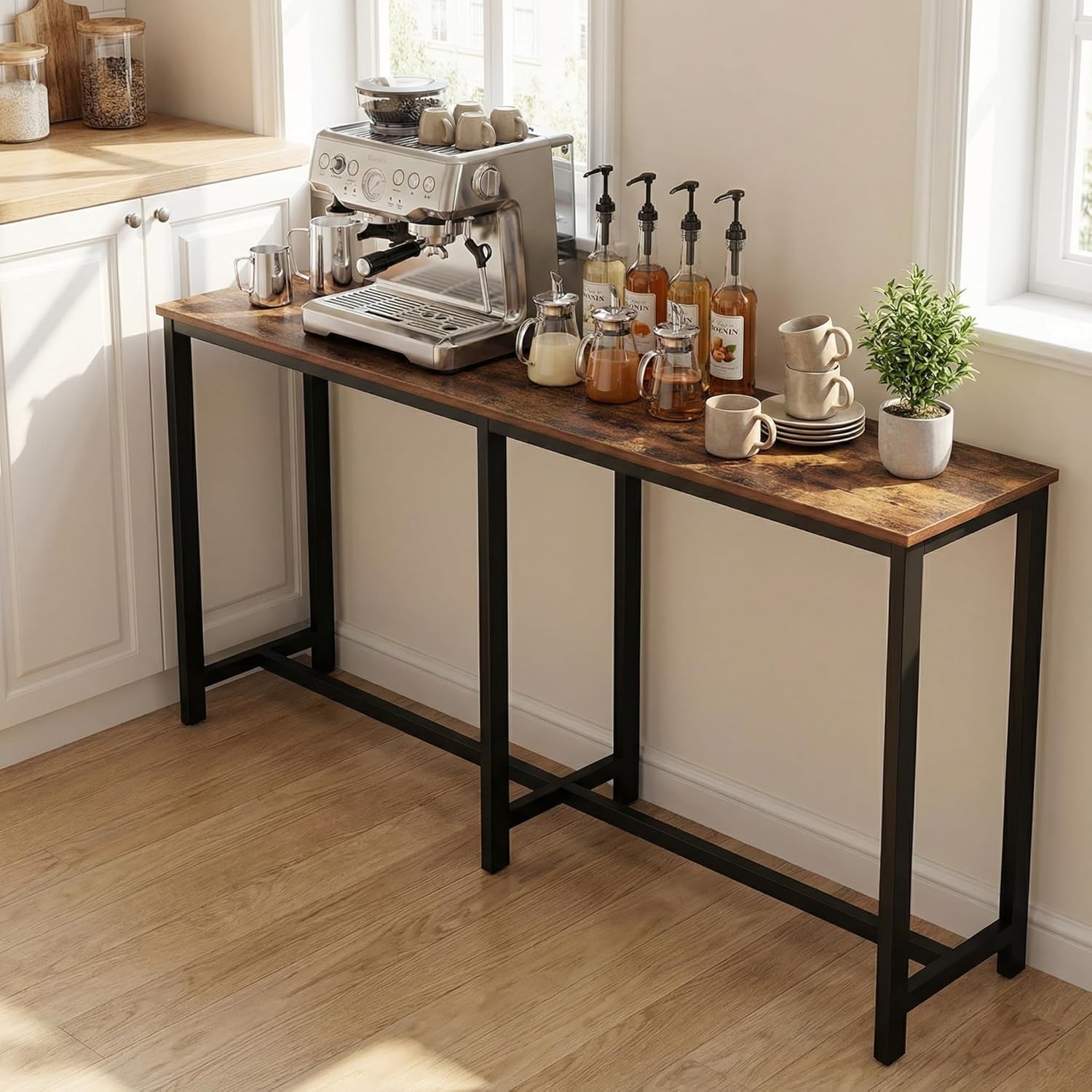 Homleke 71" L Narrow Bar Table, Counter Height Pub Desk, Rustic Brown and Black