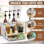 Alyoen Coffee Syrup Organizer Rack, 3-Tier Coffee Station Organizer for Countertop, Coffee Bar Organizer with 35K Cup Storage Basket, Coffee Syrup Holder Stand for Coffee Bar Accessory - White