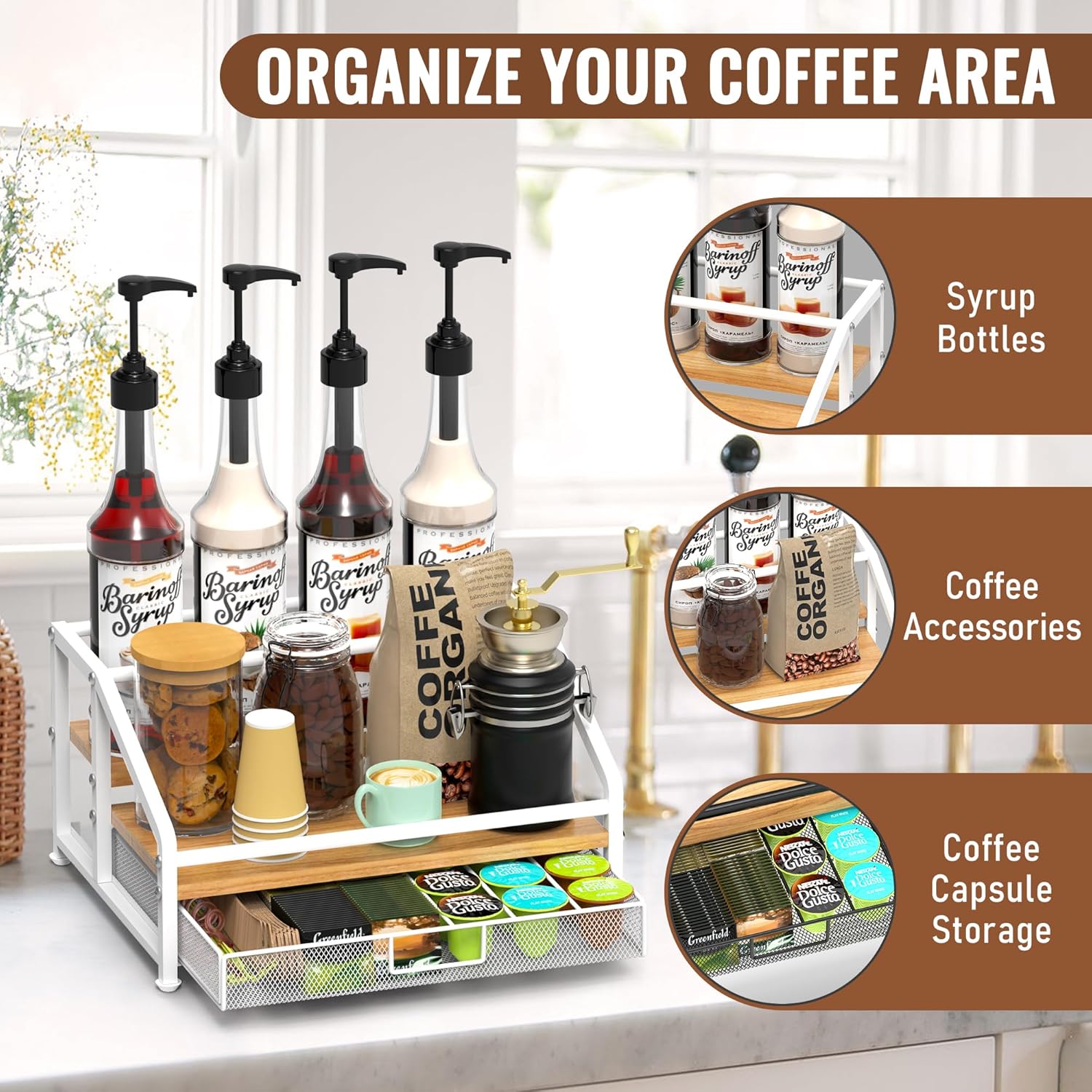 Alyoen Coffee Syrup Organizer Rack, 3-Tier Coffee Station Organizer for Countertop, Coffee Bar Organizer with 35K Cup Storage Basket, Coffee Syrup Holder Stand for Coffee Bar Accessory - White