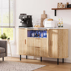 54" Fluted Sideboard Buffet Cabinet with Storage, Mid Century Coffee Bar with LED Light & Slide Doors, 2 Drawers, Modern Storage Cabinet for Kitchen, Living Room, Faux White Marble Top, Oak
