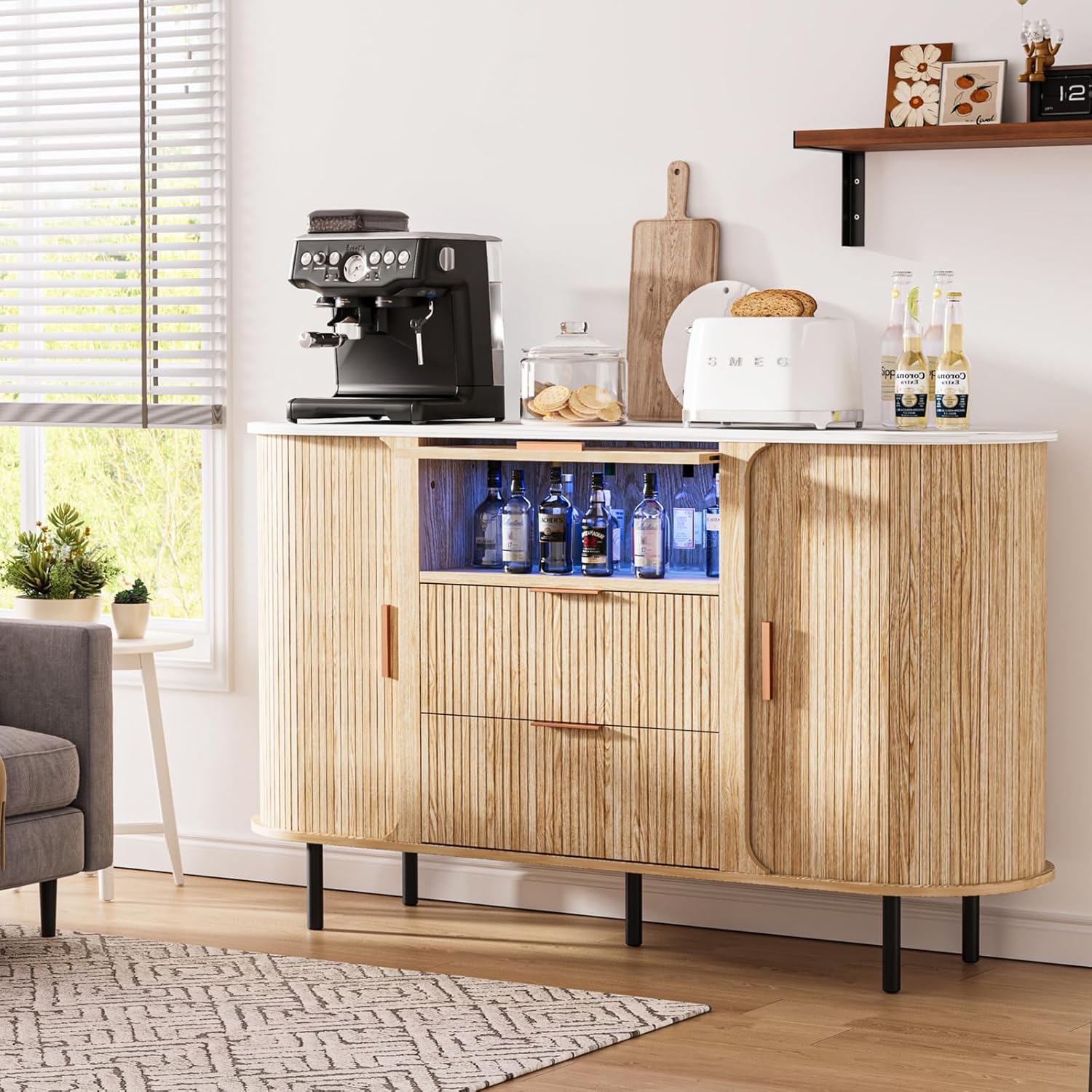 54" Fluted Sideboard Buffet Cabinet with Storage, Mid Century Coffee Bar with LED Light & Slide Doors, 2 Drawers, Modern Storage Cabinet for Kitchen, Living Room, Faux White Marble Top, Oak