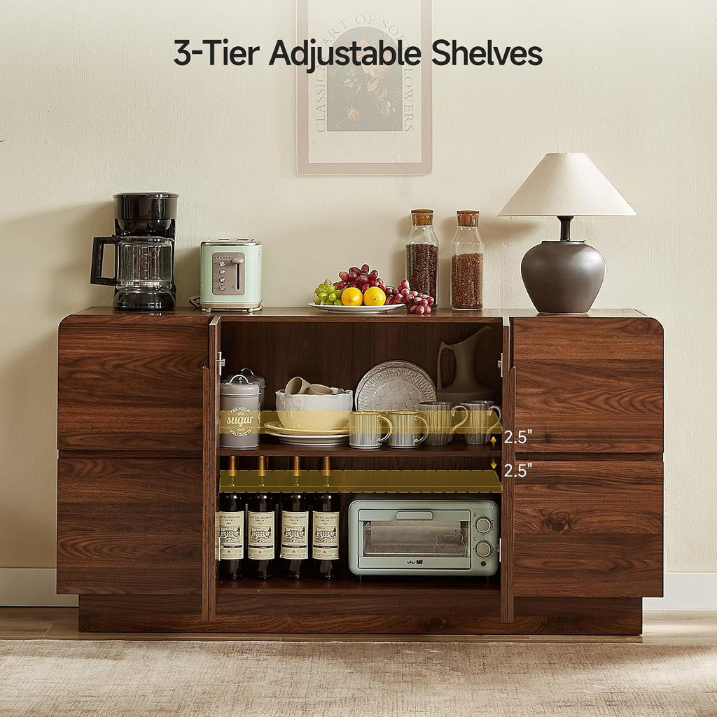 ONBRILL 60 Inch Sideboard with 4 Drawers & Adjustable Shelves, Curved Design Buffet Cabinet with Arched Doors, Mid Century Modern Accent Cabinet for Dining Room/Living Room/Entryway, Walnut