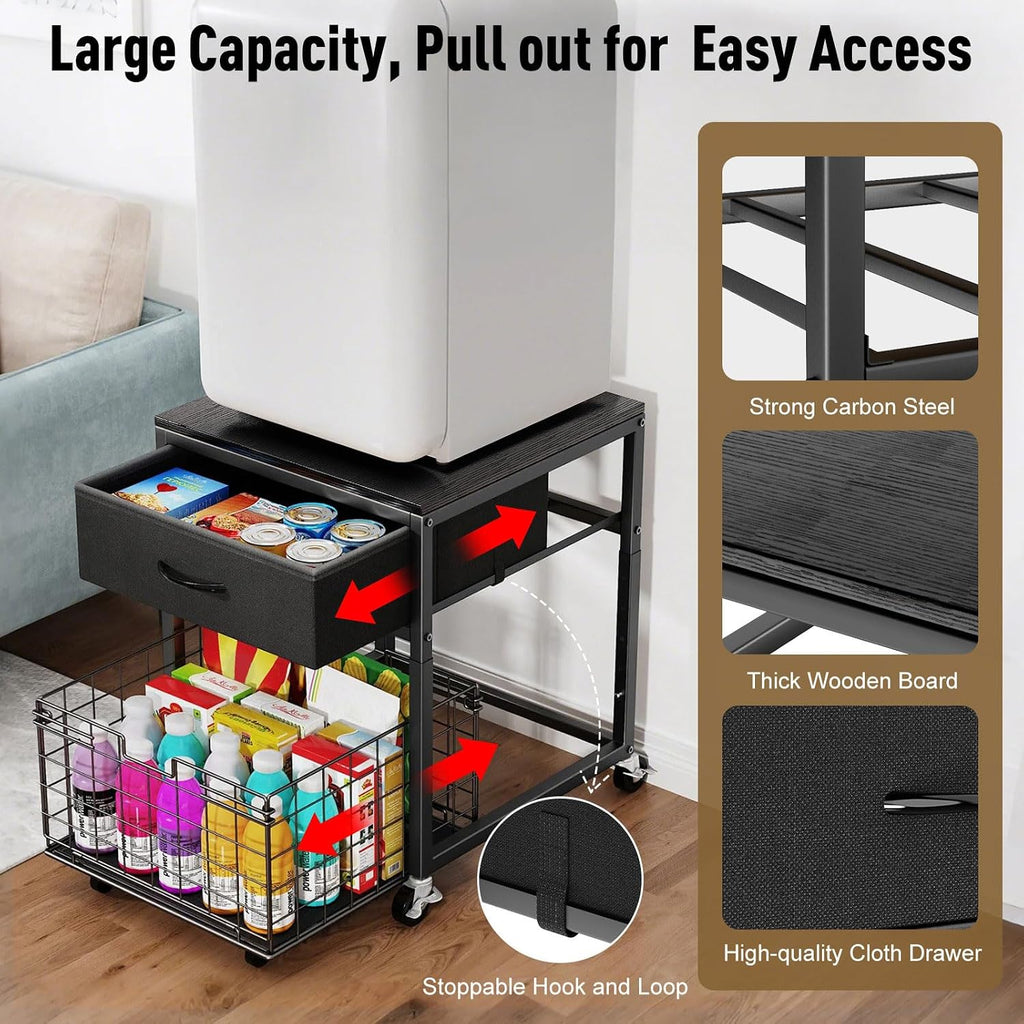 Housolution Mobile Mini Fridge Stand with Storage, Height-Adjustable Mini Beverage Fridge Table, Coffee Bar, 200 lbs Heavy-Duty Compact Refrigerator Shelf with Rolling Cabinet for Kitchen Home, Black