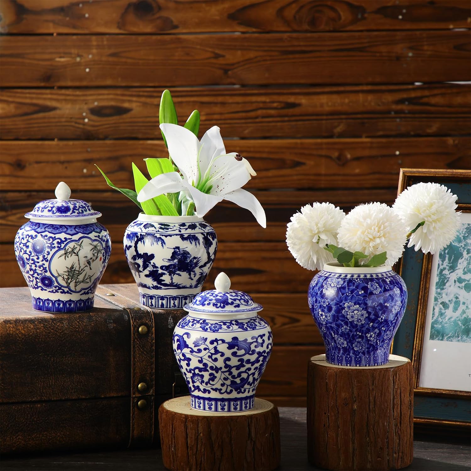 Hushee 4 Pcs Small Blue and White Vases Chinoiserie Vase Ginger Jar Porcelain Ginger Jar Chinoiserie Decor Blue and White Decor for Home Bedroom Table Centerpieces Tabletop Accent Shelf (Retro)