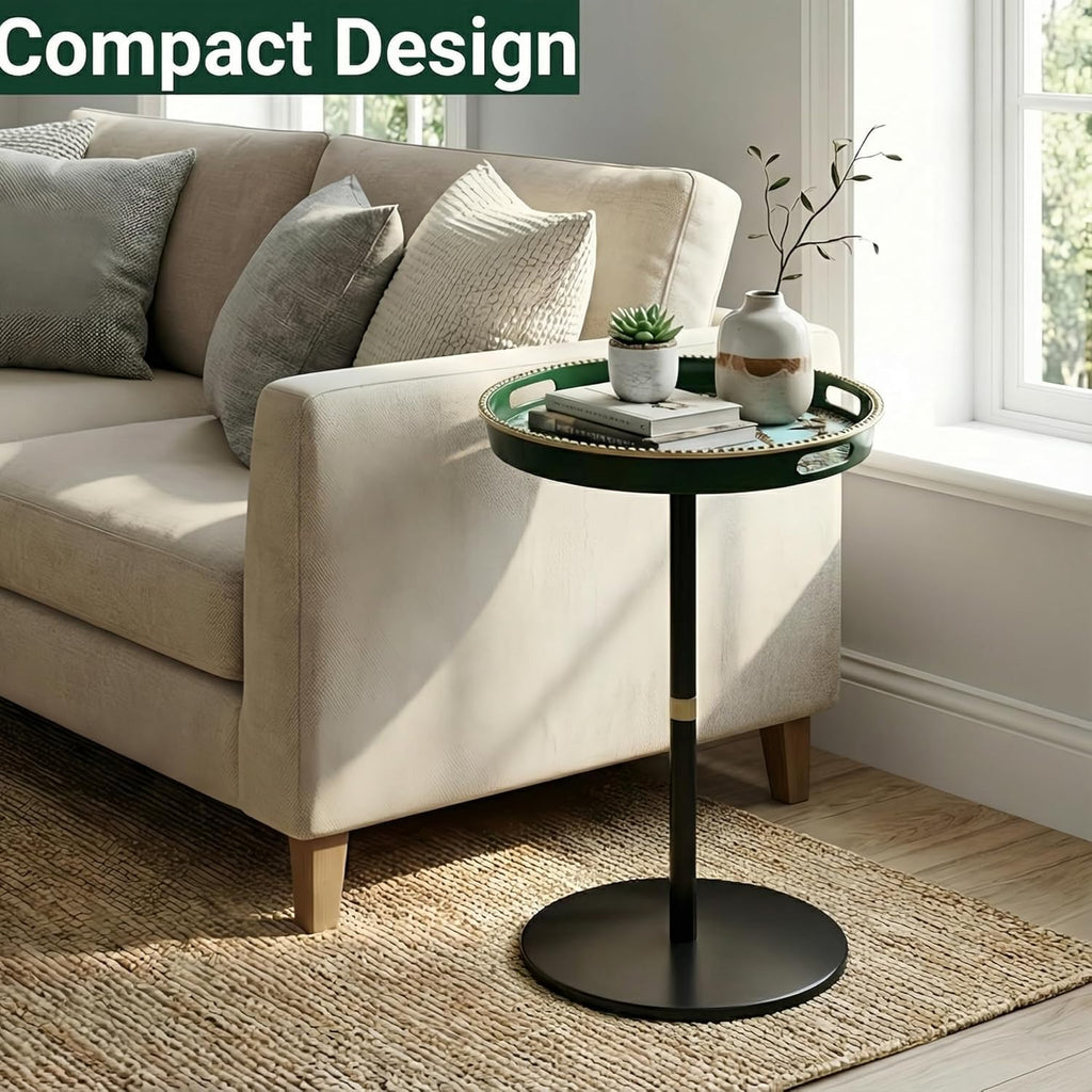 Gesodant Boho Single Leg Round Side Table with Tray Top, Pedestal Drink Table for Small Spaces, Aesthetic Accent Nightstand for Living Room, Bedroom, Corners, and Office (Green Leopard)