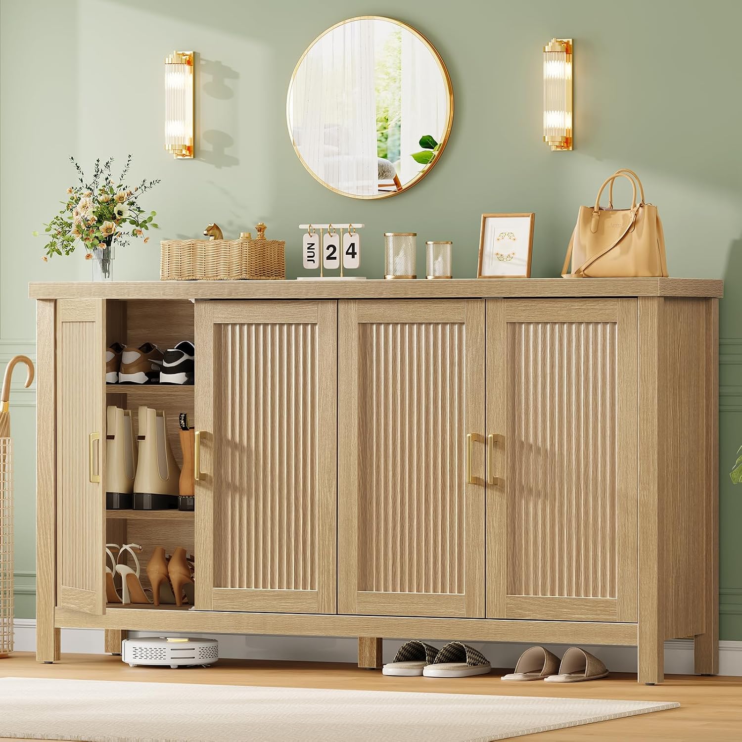 Buffet Cabinet with Storage, 63" Fluted Sideboard Cabinet with 4 Adjustable Shelves, Modern Coffee Bar with 4 Doors, Coffee Bar Cabinet for Kitchen, Living Room, Natural