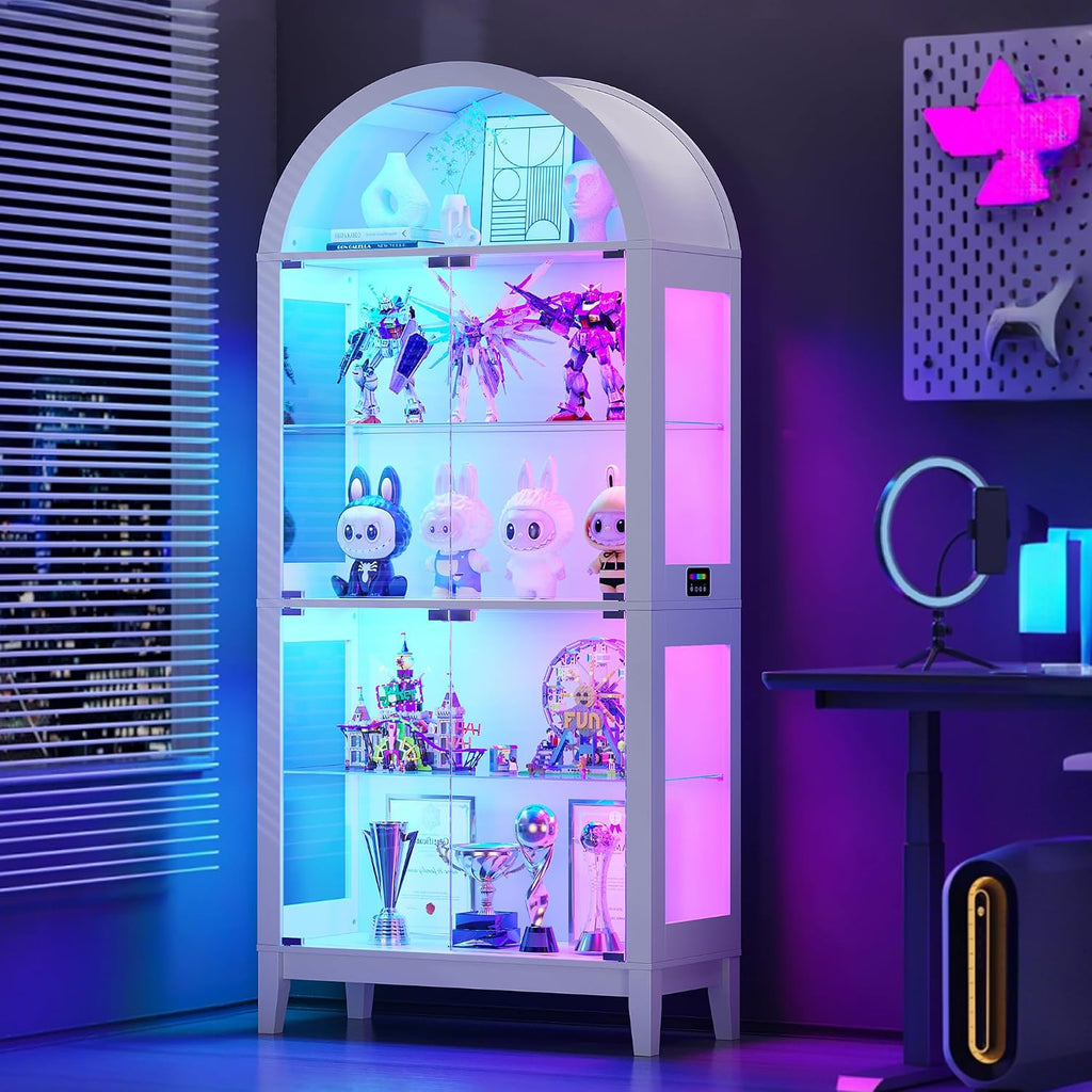 WOOVIVS Glass Display Cabinet with RGB Lights, 69" Tall Curio Cabinet with Rebound Tempered Glass Door, 5-Tier Adjustable Display Case for Living Room (White)