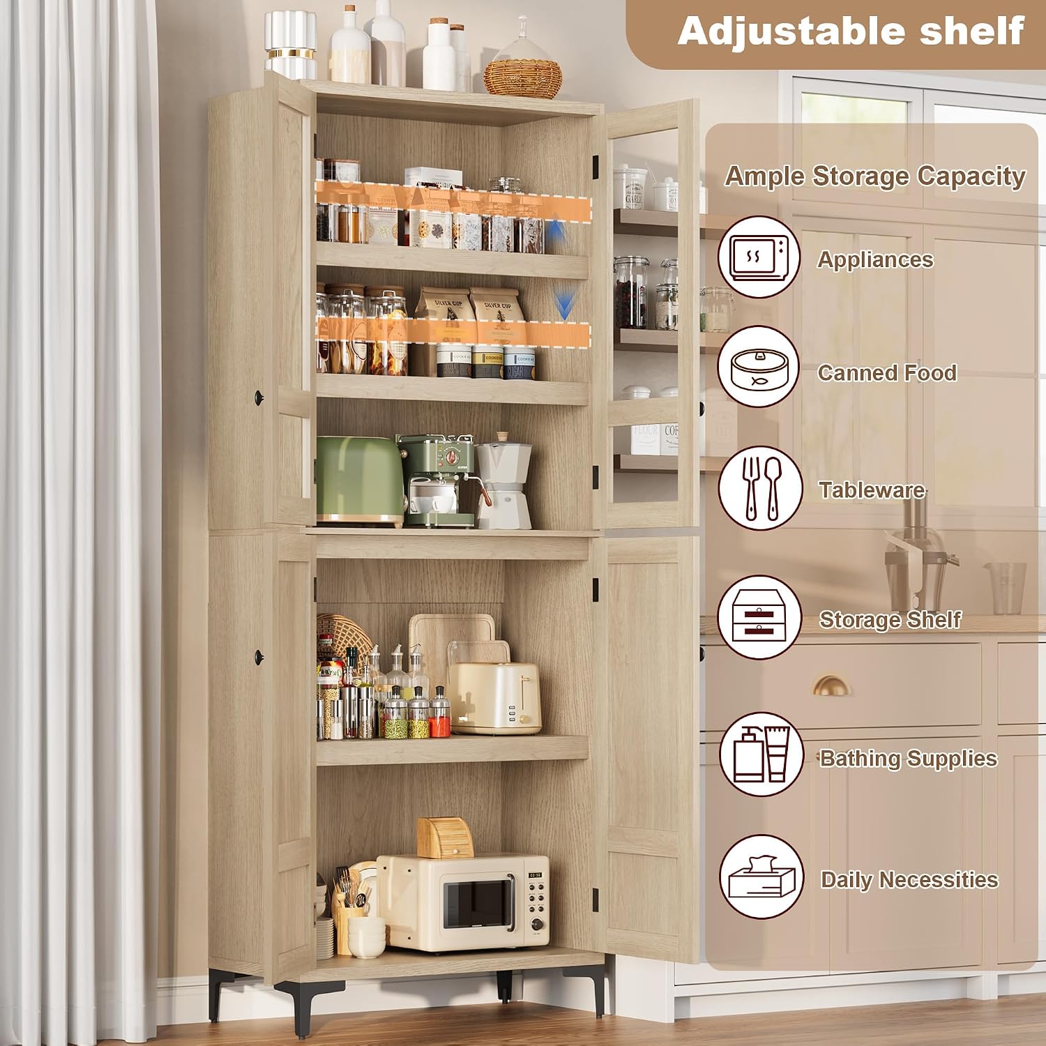GarveeHome 71 in Tall Storage Cabinet, Kitchen Pantry Cabinet 5 Tier Bathroom Cabinet with 4 Doors Adjustable Shelves for Kitchen, Dining Room, Bathroom (Pear Wood, Glass with 4 Doors)