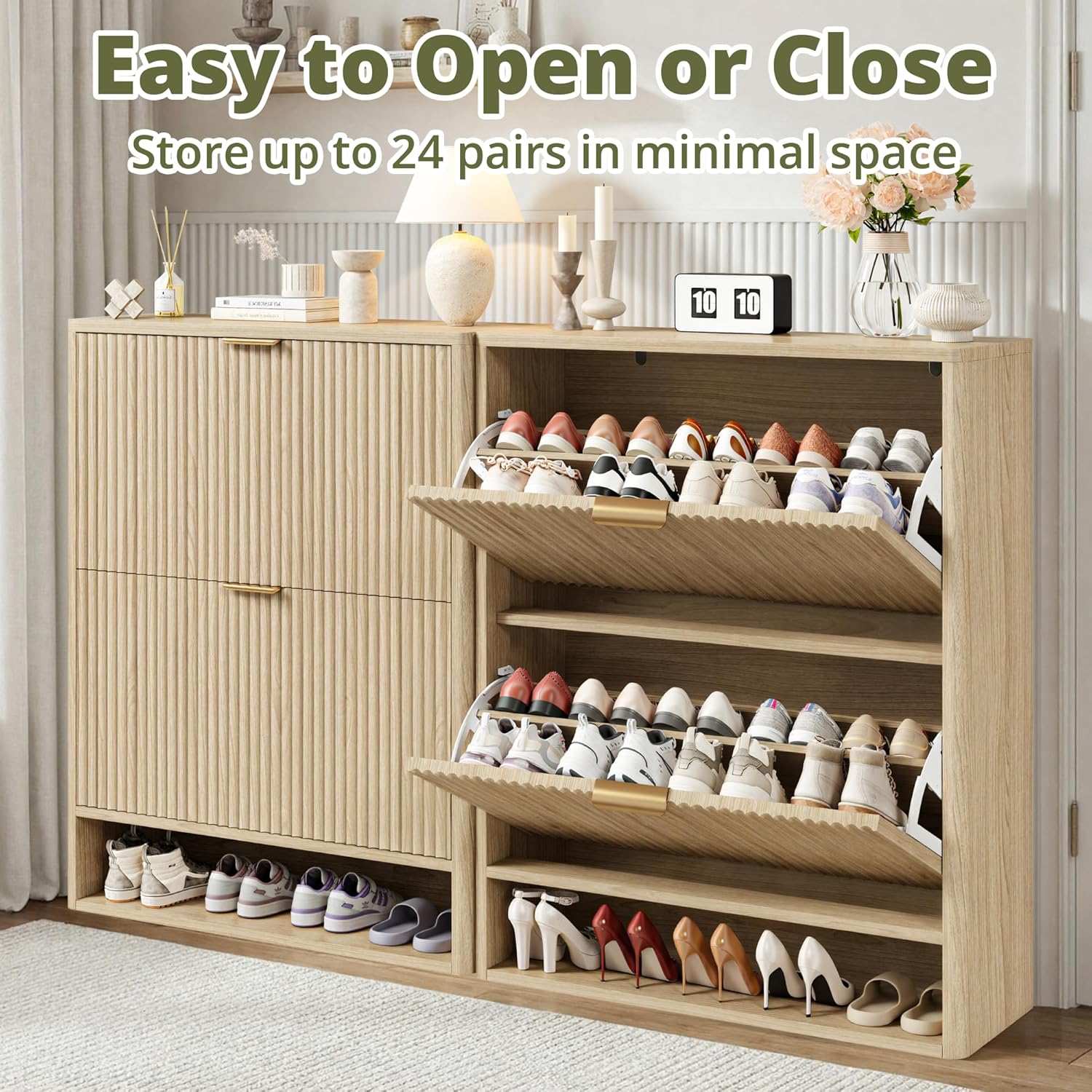 IRONCK Fluted Shoe Storage Cabinet for Entryway with 2 Flip Drawers, Adjustable Shelves & Open Shelf, Narrow Wood Shoe Rack Cabinet, Freestanding Slim Shoe Organizer Cabinet, Oak
