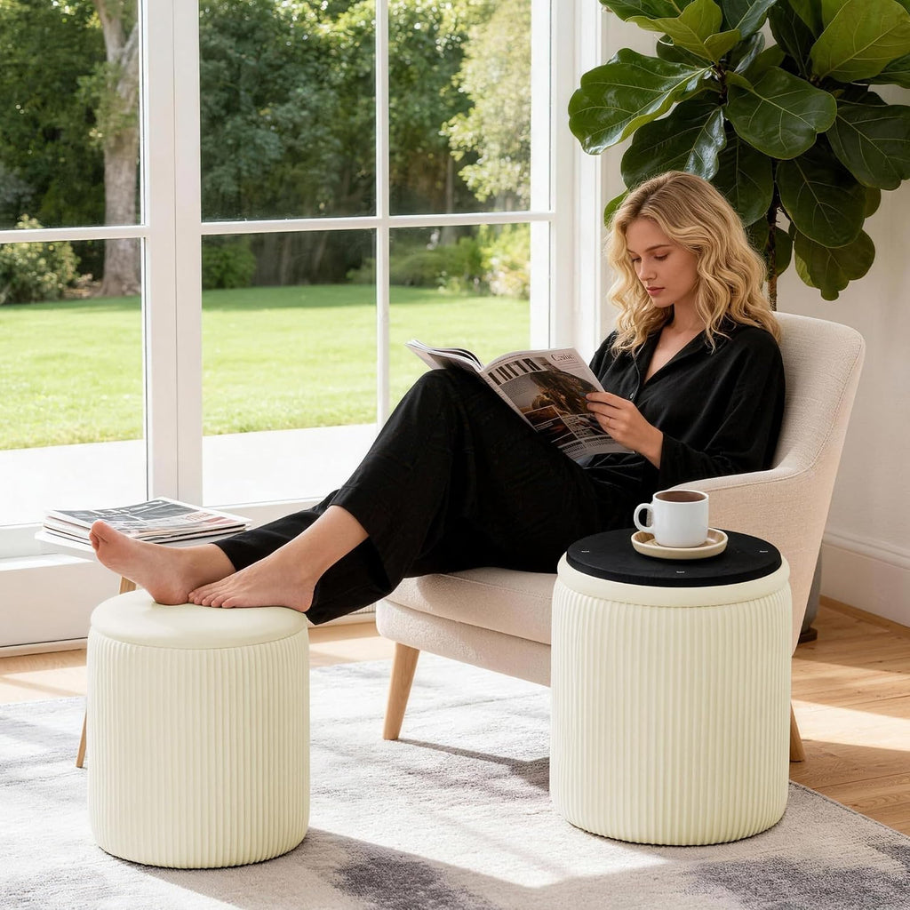 Vanity Stool Set of 2 - Round Storage Ottoman with Lid, Velvet Footrest Pouf for Makeup Room & Living Room, Multi-Use Small Chair with Hidden Storage（Beige）