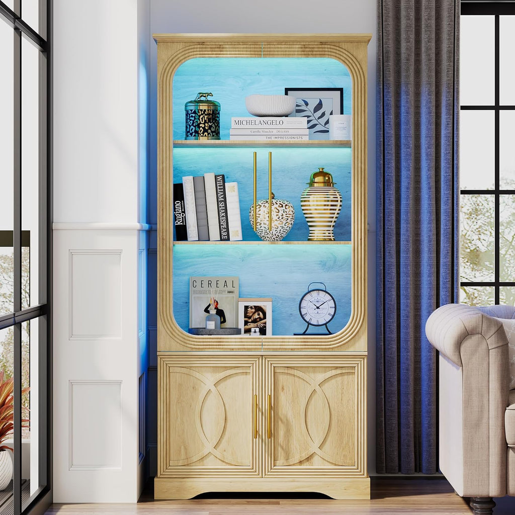 69" Tall Display Cabinet with Glass Doors, Curio Cabinet with 3 LED Lights and Human Body Sensor, Glass Display Case with Storage Cabinet for Living Room, Oak