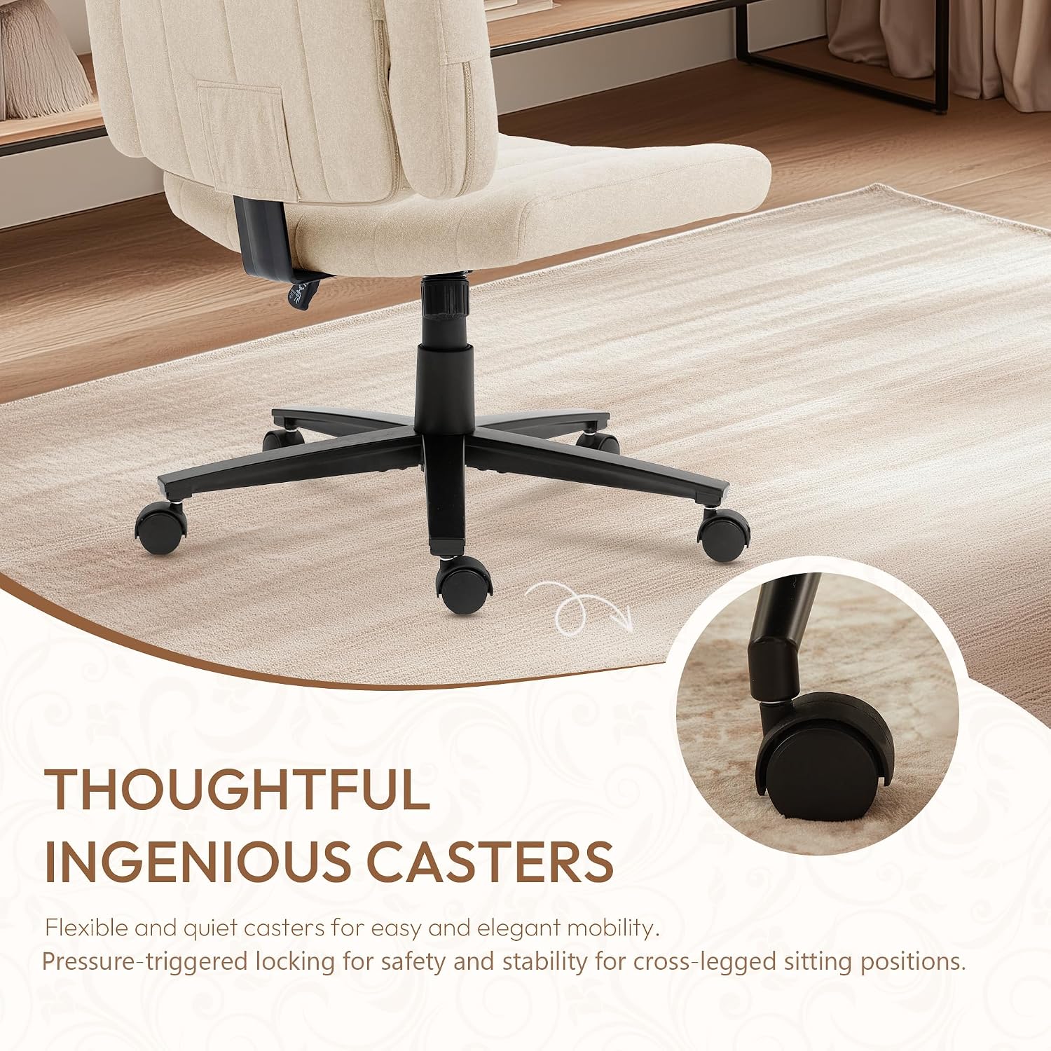 Vigosit Criss Cross Wheeled Chair - Adaptable Comfort for Every Need, High-Backed, with Adjustable Wide Armrests, Anti-Skid Fabric Upholstery, and a Sleek Modern Aesthetic for Home Office Use