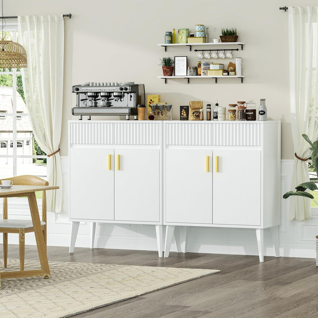 Sideboard Storage Cabinet with 2 Drawers & 2 Doors, Fluted Kitchen Buffet Cabinet with Adjustable Shelves, Coffee Bar Station for Living Room, Entryway, 13.8 x 27.6 x 35.6 Inches, White