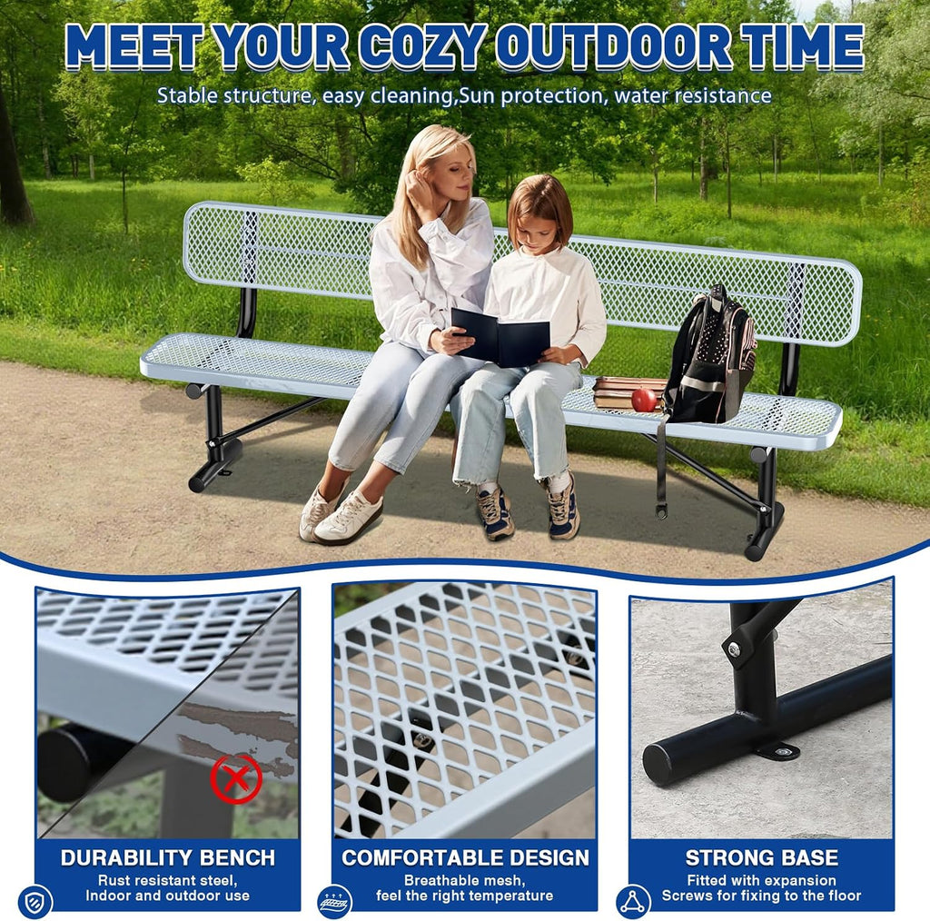 Heavy-Duty Park Bench for Outside - Black Coated Outdoor Furniture Steel Bench, Commercial-Grade Outdoor Benches Weatherproof for Park, Patio, Porch (Portable with Back, 4/6/8 Ft) (Grey, 8FT)