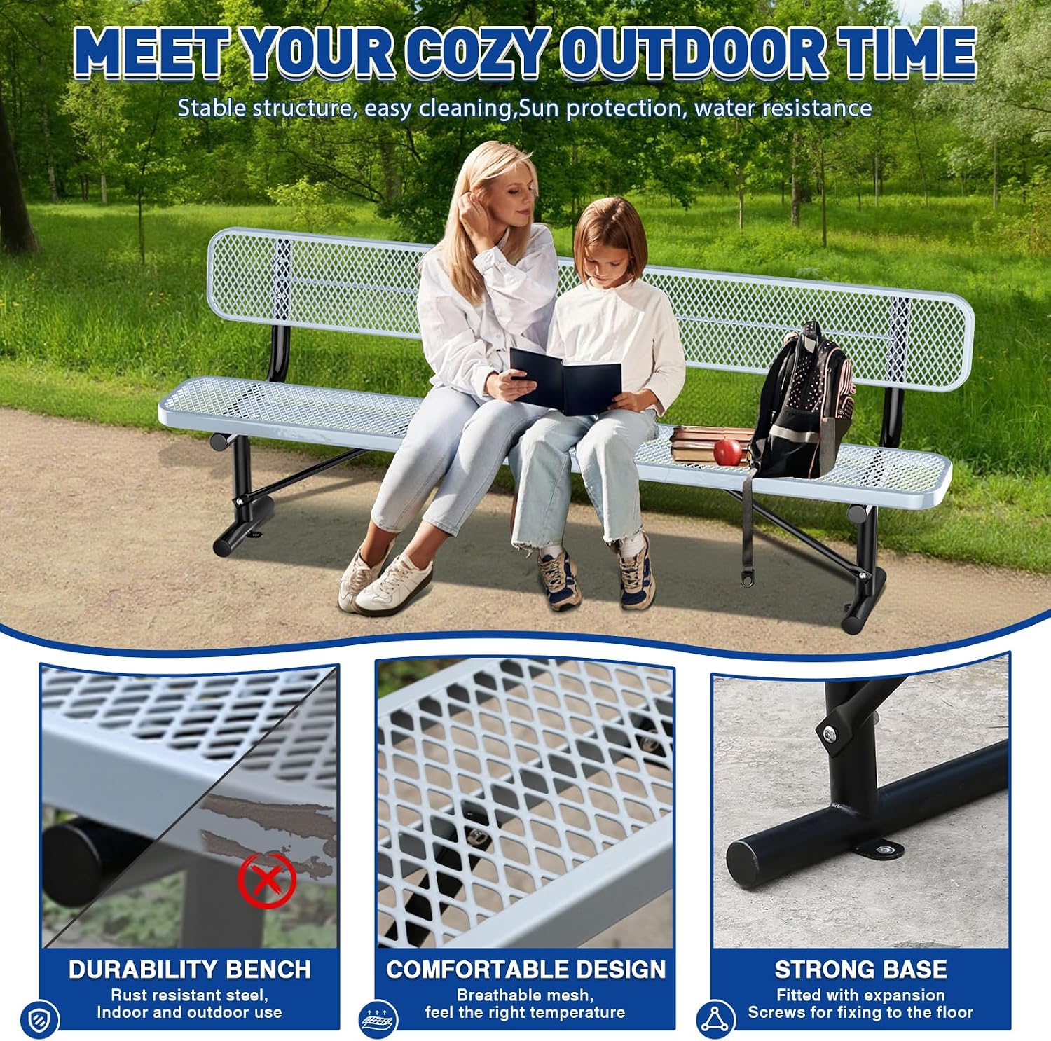 Heavy-Duty Park Bench for Outside - Black Coated Outdoor Furniture Steel Bench, Commercial-Grade Outdoor Benches Weatherproof for Park, Patio, Porch (Portable with Back, 4/6/8 Ft) (Grey, 8FT)