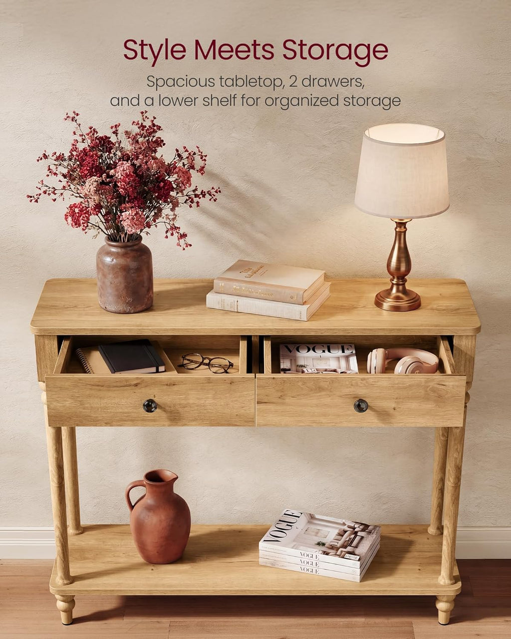 VASAGLE Mariel Collection - Console Table, Narrow Entryway Sofa Table with Drawers and Shelf, Solid Wood Legs, Mid-Century Modern, for Hallway Doorway Living Room, Natural Brown ULNT139K301S