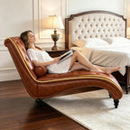 Faux Leather Chaise Lounge Indoor with Toss Pillow, Modern Chaise Lounge Chair, Upholstered PU Armless Ergonomic Chairs with Tufted Buttons and Nail Heads for Living Room, Bedroom Furniture, Brown
