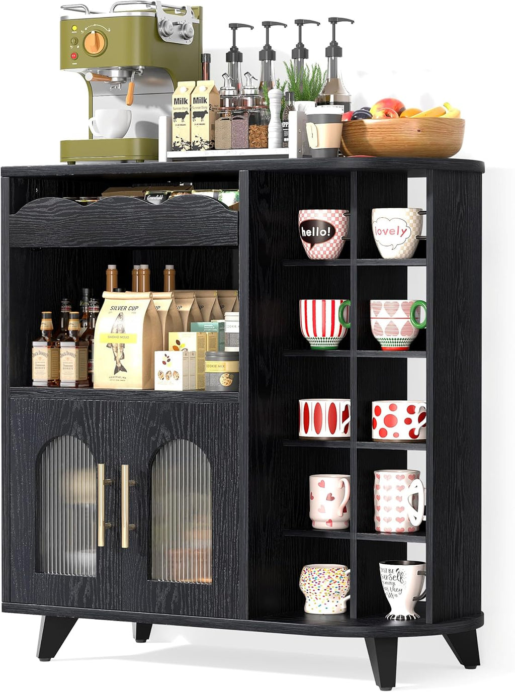 VINAEMO Coffee Bar Cabinet with 24-Cup Display, Large Drawer & Storage,Modern Buffet Sideboard for Kitchen, Medium Wooden Bar Station for Apartment，Black