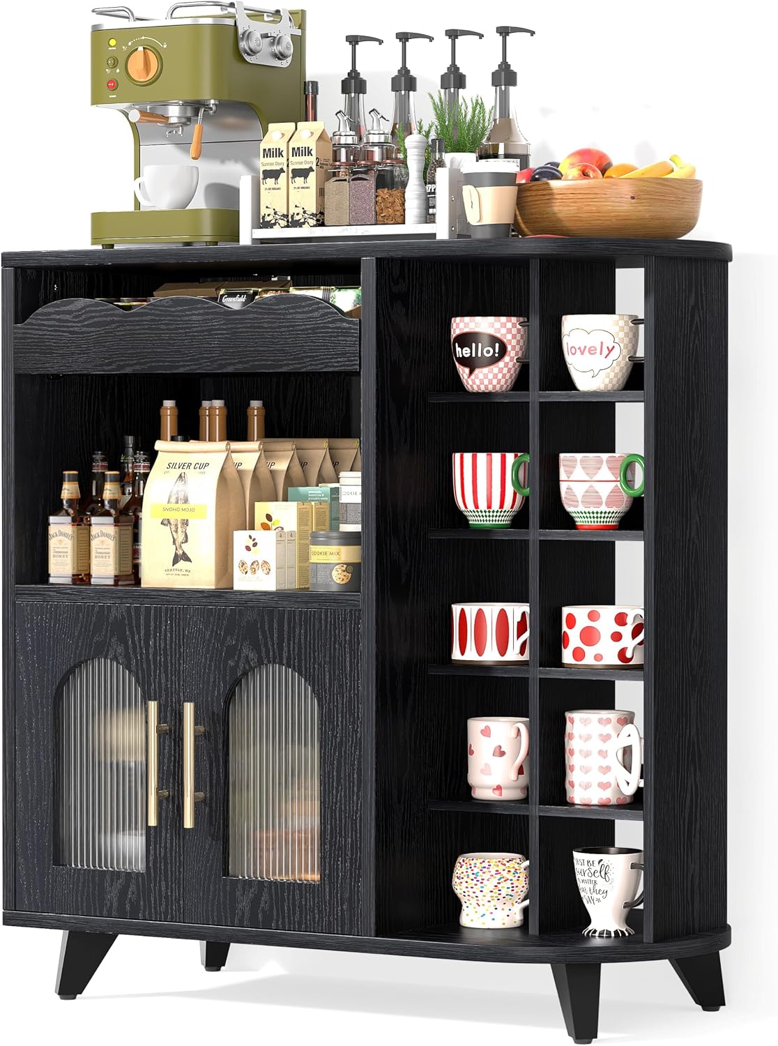 VINAEMO Coffee Bar Cabinet with 24-Cup Display, Large Drawer & Storage,Modern Buffet Sideboard for Kitchen, Medium Wooden Bar Station for Apartment，Black