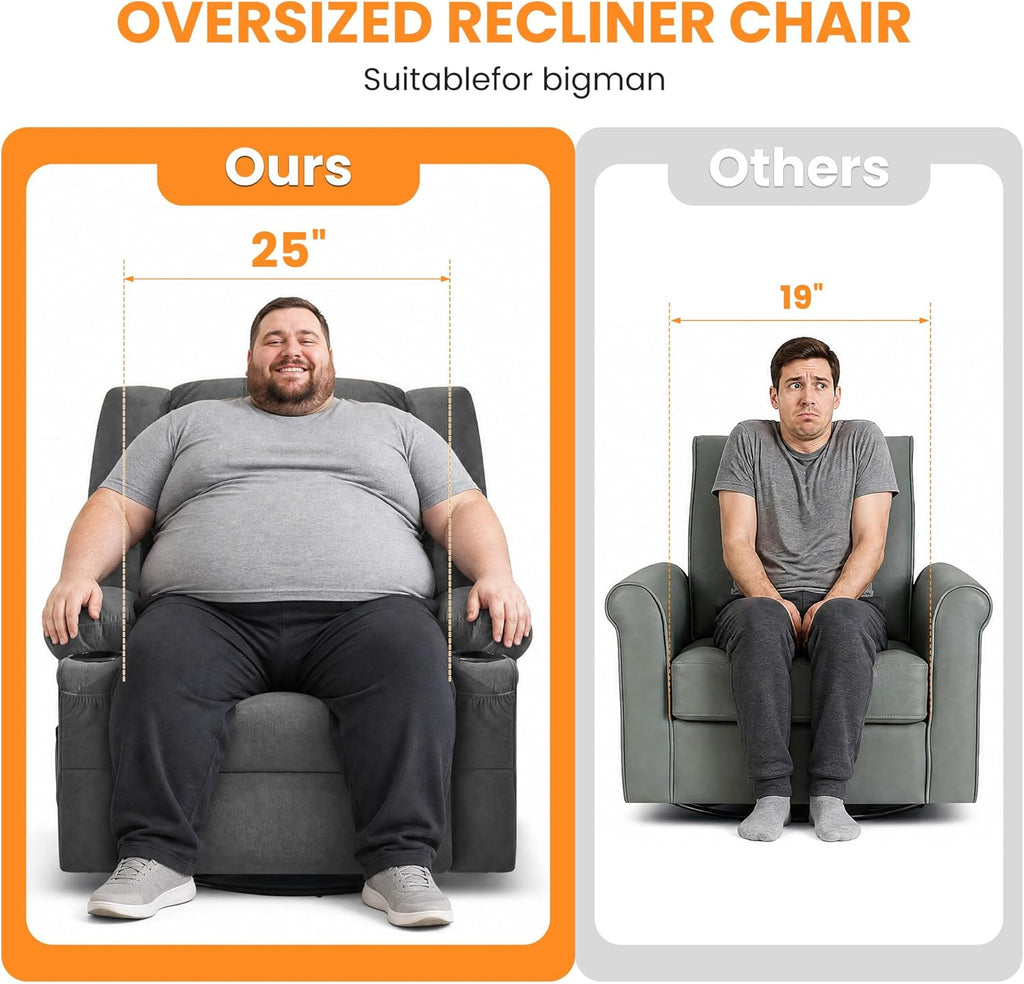 Oversized Recliner Chair with Massage and Heat for Adults, 360° Swivel Rocking Recliner, Big Seat Living Room Chair with Ergonomic Design, Cup Holders and Side Pockets