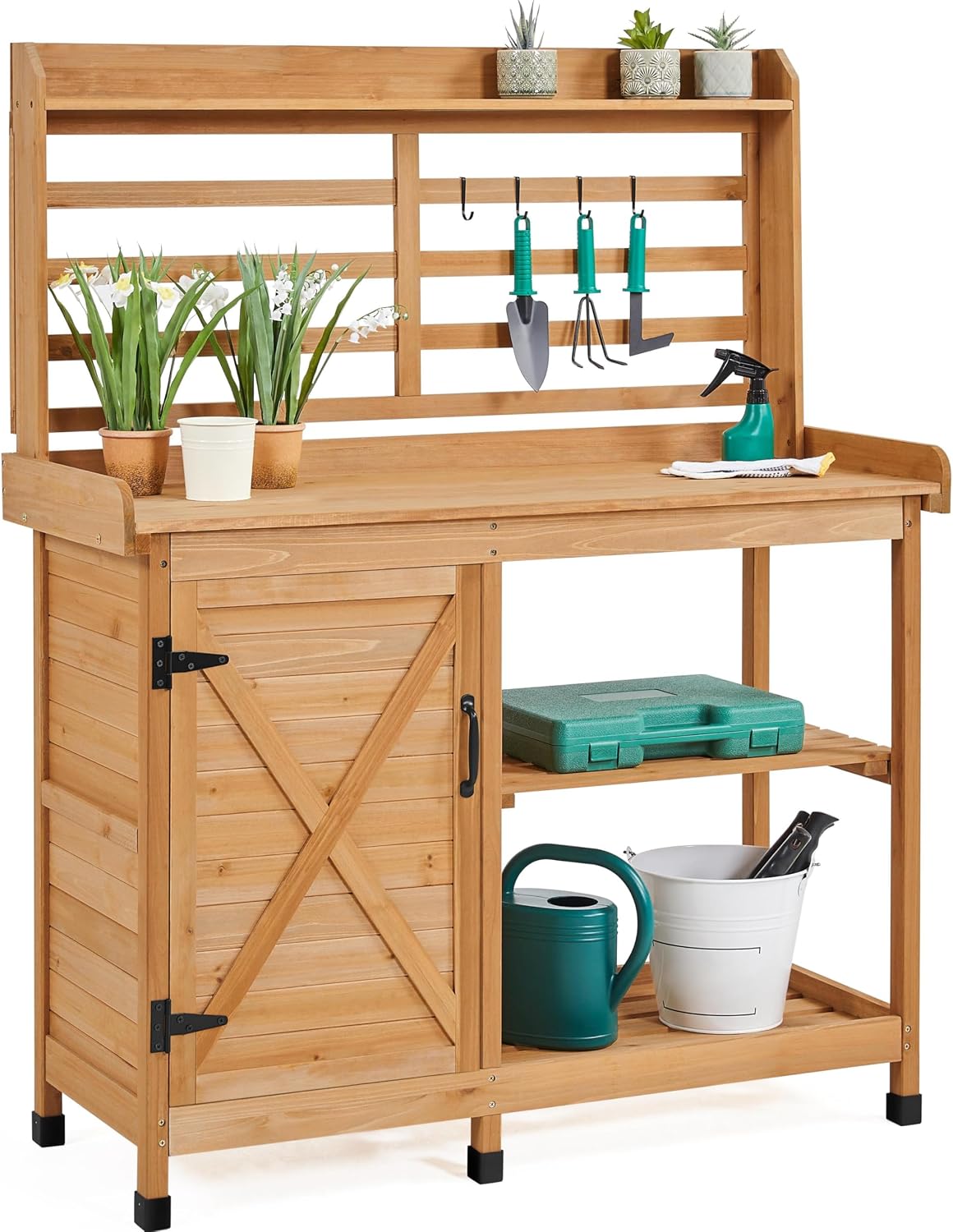 Topeakmart Outdoor Potting Bench, Large Horticulture Work Table Workstation with Storage Cabinet Shelf & Planting Working Console for Garden, Patio, Lawn, Wood