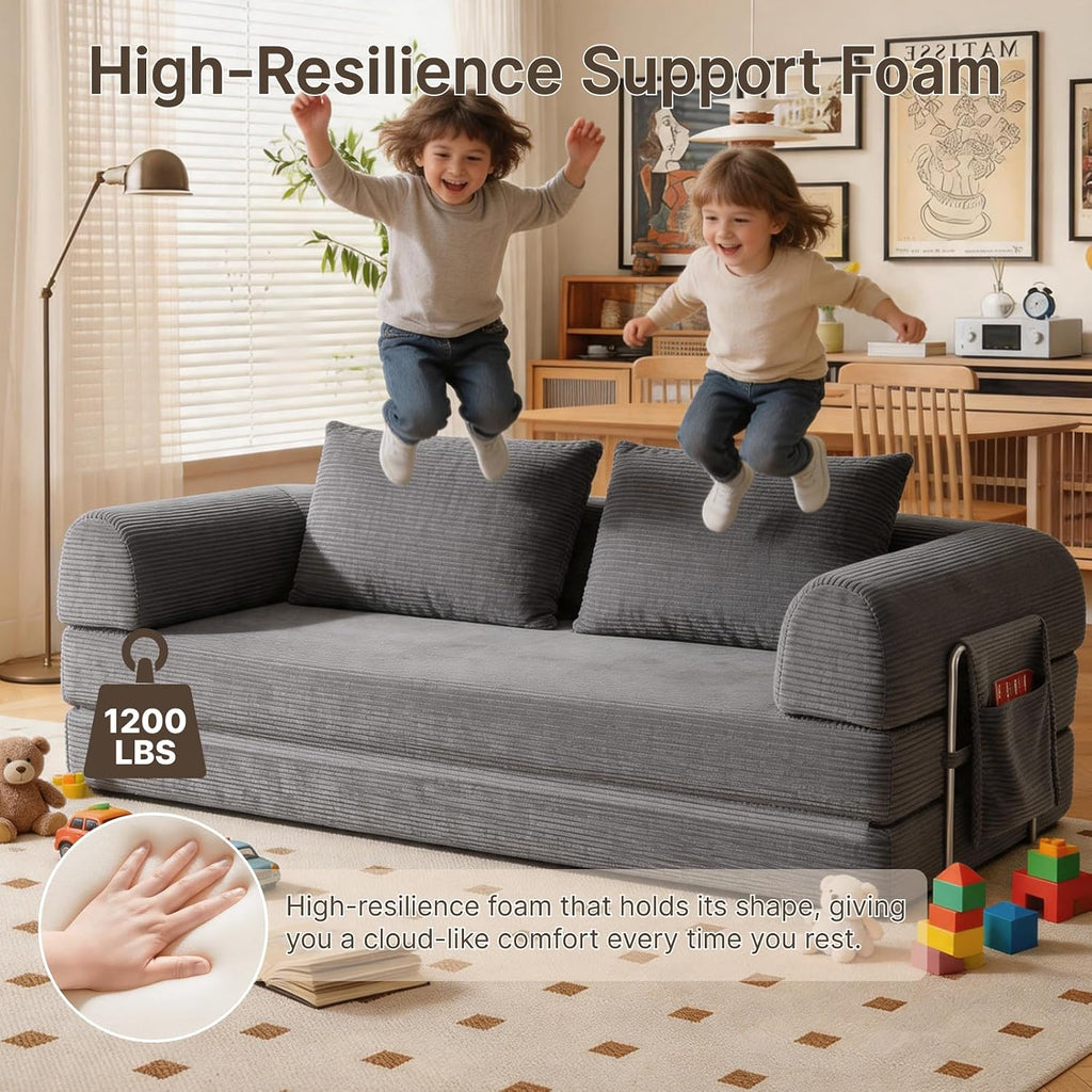 78" Convertible Sofa Bed, Corduroy Futon Couch with Storage Pocket, Boneless Pull Out Sleeper Sofa, Foldable Couch for Living Room Bedroom, No Assembly Space Saver, Gray