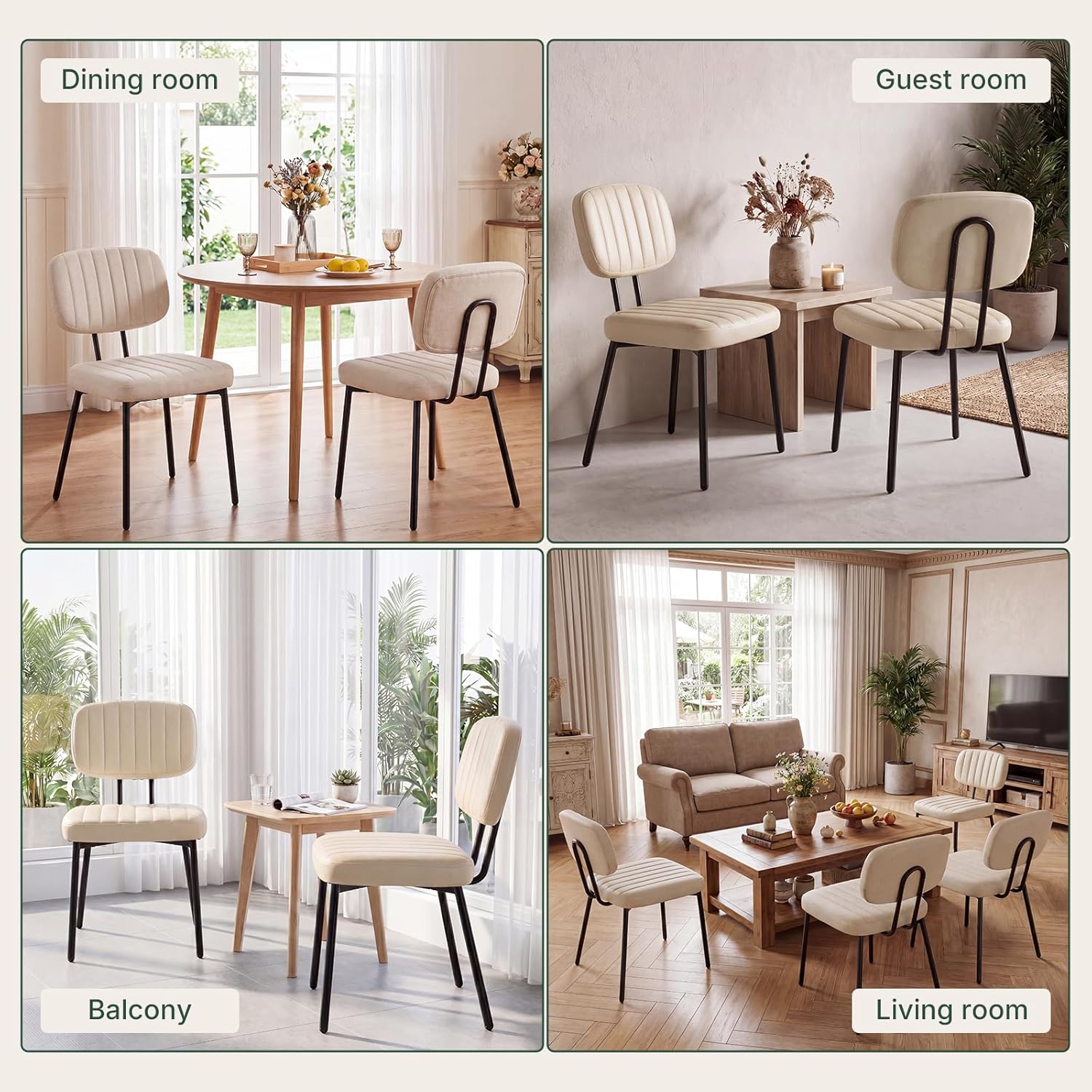 Dining Chairs Set of 4, Modern PU Leather Upholstered Kitchen Chairs with Metal Legs, Mid Century Shell Backrest Side for Dining Room Living Room, Beige White