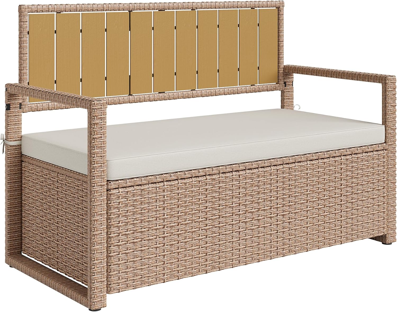 Outdoor Storage Bench with Cushion, 2-Person All-Weather PE Rattan Patio Bench with Backrest & Armrests, Waterproof Wicker Deck Box Seat for Garden, Porch, Poolside & Backyard, Metal Frame，Yellow