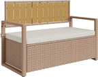 75 Gallon Outdoor Storage Bench, 2-Seater PE Rattan Deck Box with Cushion & Backrest, Waterproof Patio Seat with Acacia Wood Armrests & Metal Frame for Porch, Backyard, Garden, Poolside