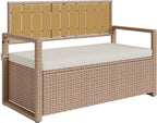 Litake Outdoor PE Rattan Storage Bench with Cushion – Iron & Plastic Wood Frame, Waterproof Fabric Seat – for Patio, Garden, Porch – Yellow or Dark Brown Rattan