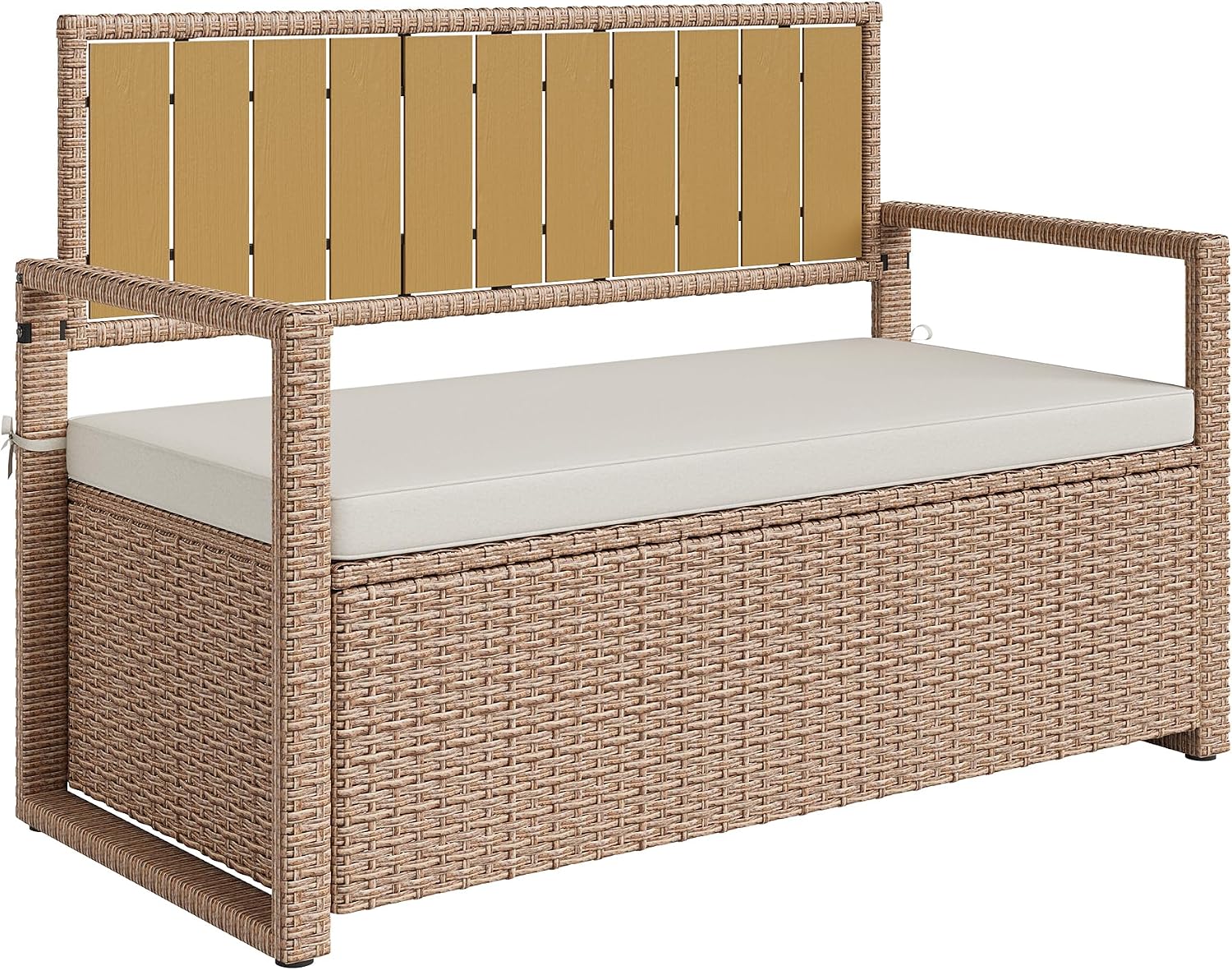 Litake Outdoor PE Rattan Storage Bench with Cushion – Iron & Plastic Wood Frame, Waterproof Fabric Seat – for Patio, Garden, Porch – Yellow or Dark Brown Rattan