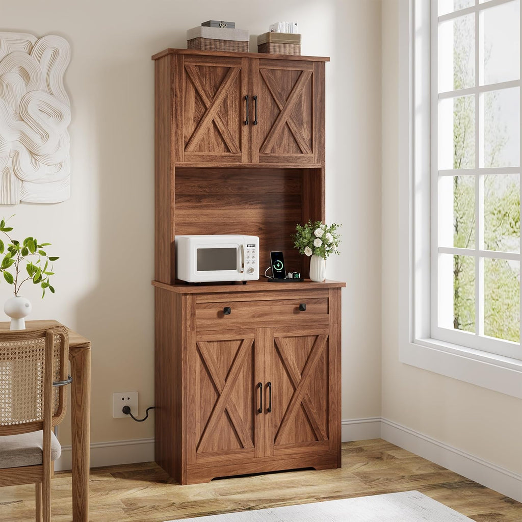 Garvee 71" Pantry Cabinet with Charging Station, Tall Kitchen Pantry Storage Cabinet with Microwave Stand, Large Farmhouse Kitchen Hutch with Cabinet Doors & Drawer for Living Room, Dining Room