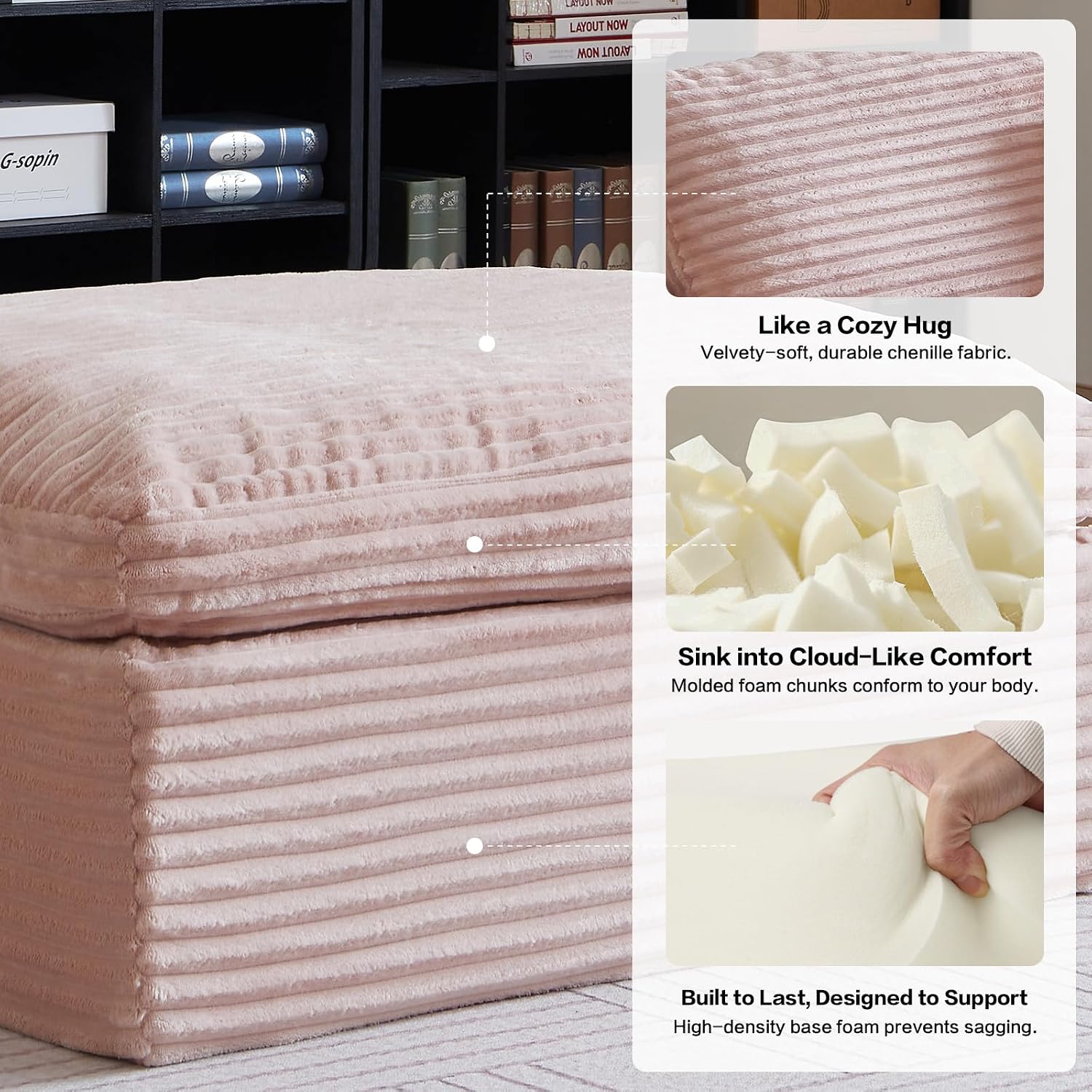 38.7" Plush Corduroy Ottoman, Upholstered Cloud Ottoman for Boneless Couch in a Box,Oversize Poufs for Living Room & Bedroom Sofa Ottoman,Comfy Seating with Dense Foam Padding,Pink