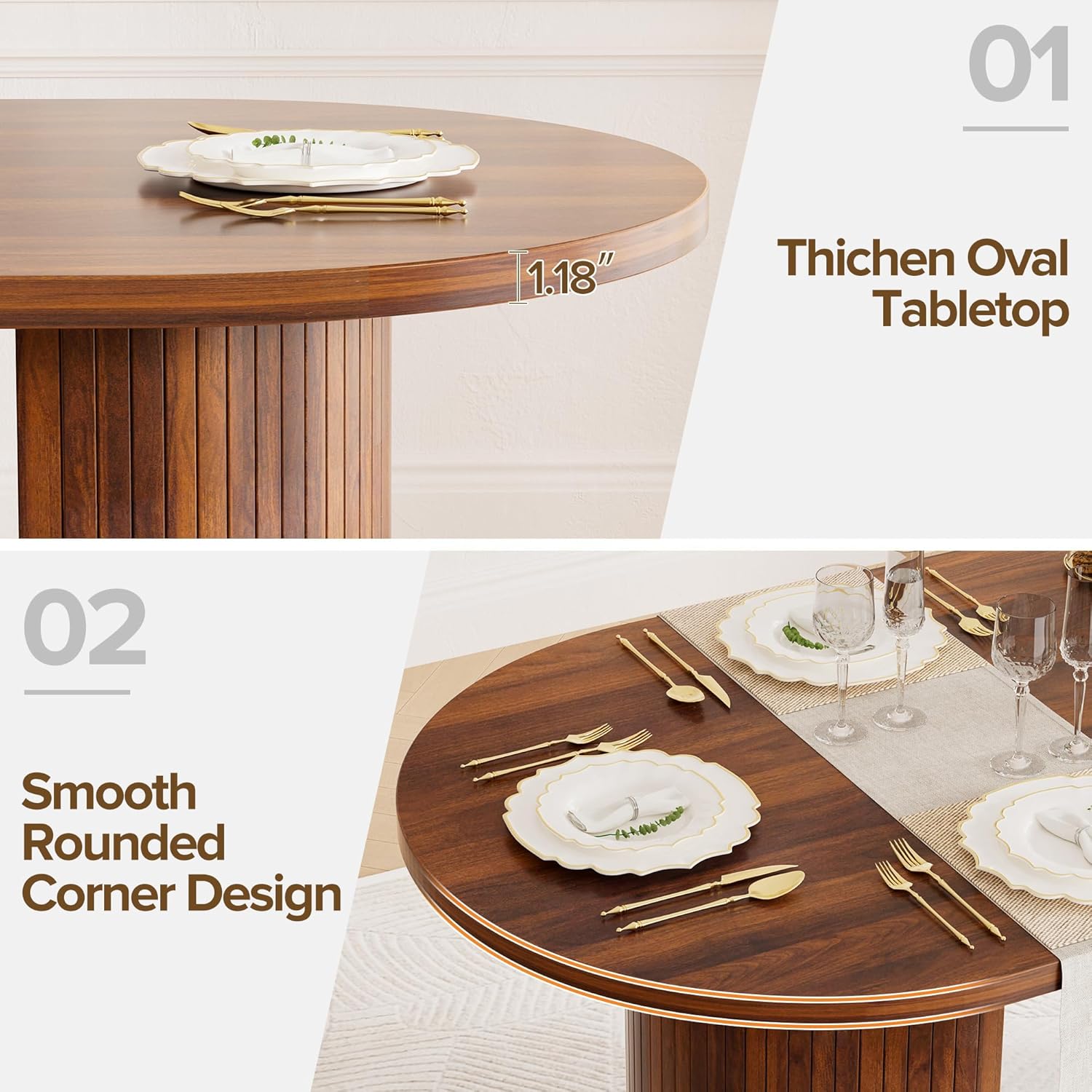 70.8" Oval Dining Table for 4-6 People, Mid-Century Modern Kitchen Table with Hidden Storage, Oval Dining Table with Fluted Tambour Doors for Dining Room, Living Room, Home Office, Walnut