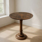 TUP THE URBAN PORT Ari 22 Inch Side End Table, Round Top, Hand Carved Indian Mandala Boho Accent, Brown Mango Wood