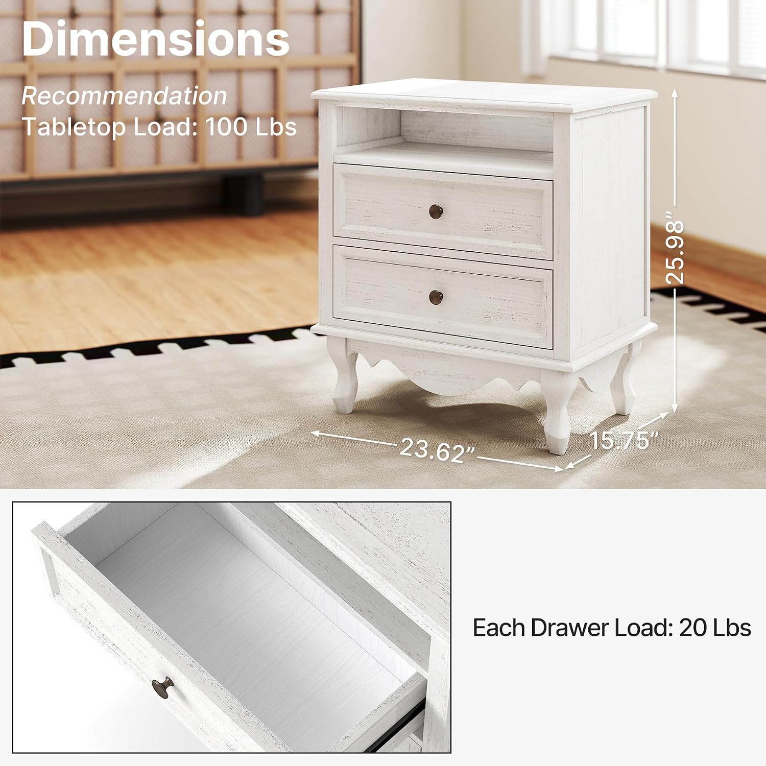 Solid Wood Nightstands Set of 2, Fully Assembled Night Stand with 2 Drawer & Open Shelf Storage, Bedside Table with Charging Station, Mid-Century Modern End Table for Bedroom, White