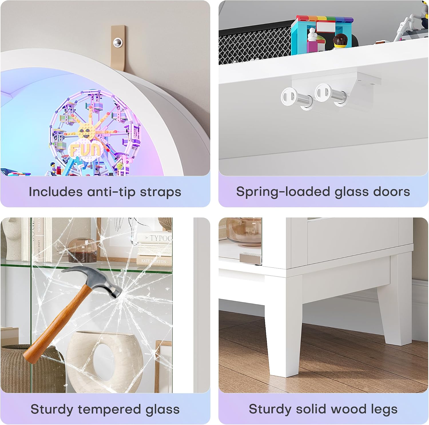 WOOVIVS Glass Display Cabinet with RGB Lights, 69" Tall Curio Cabinet with Rebound Tempered Glass Door, 5-Tier Adjustable Display Case for Living Room (White)